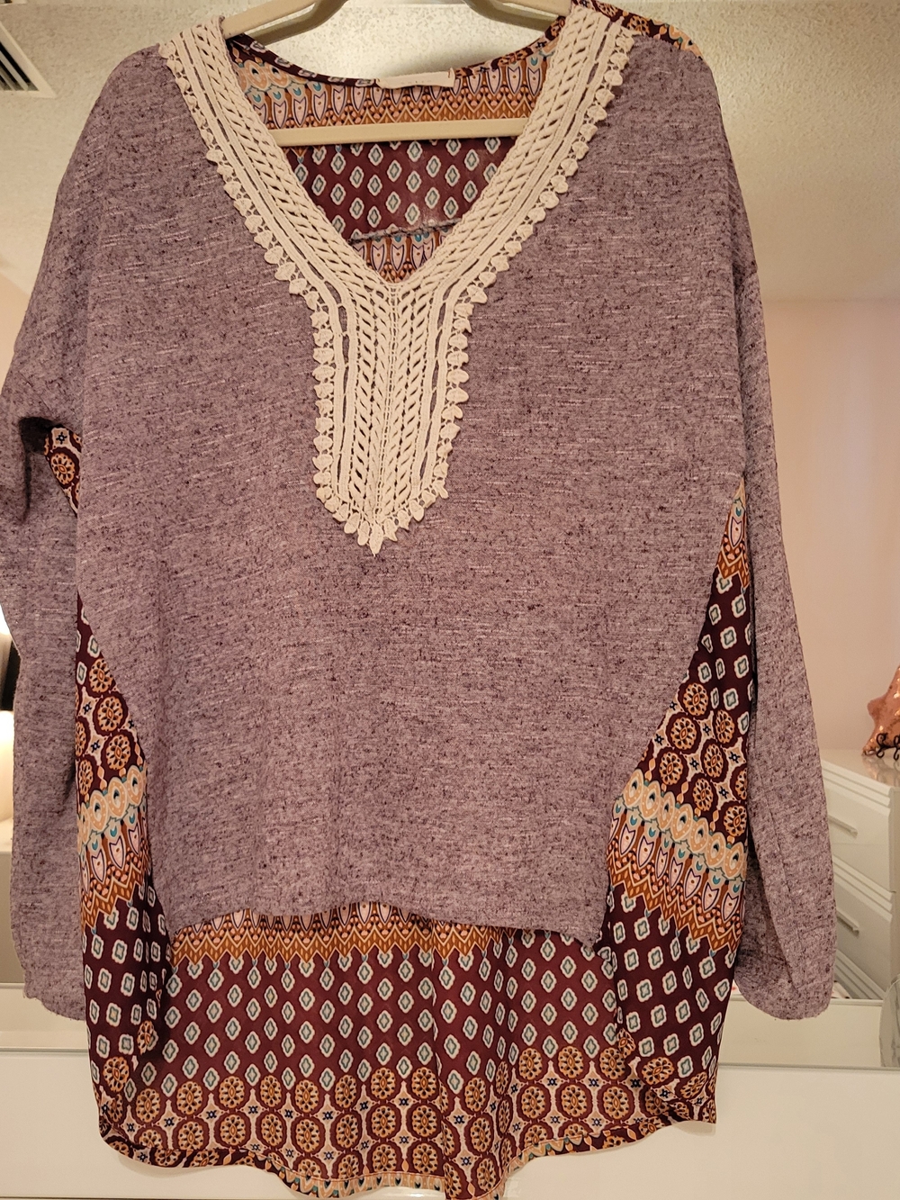 entro Lavender Knit Boho Top with Cream Crochet Trim